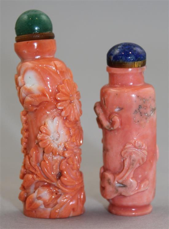 Two Chinese coral snuff bottles, late 19th / early 20th century, Richards 300 & 301